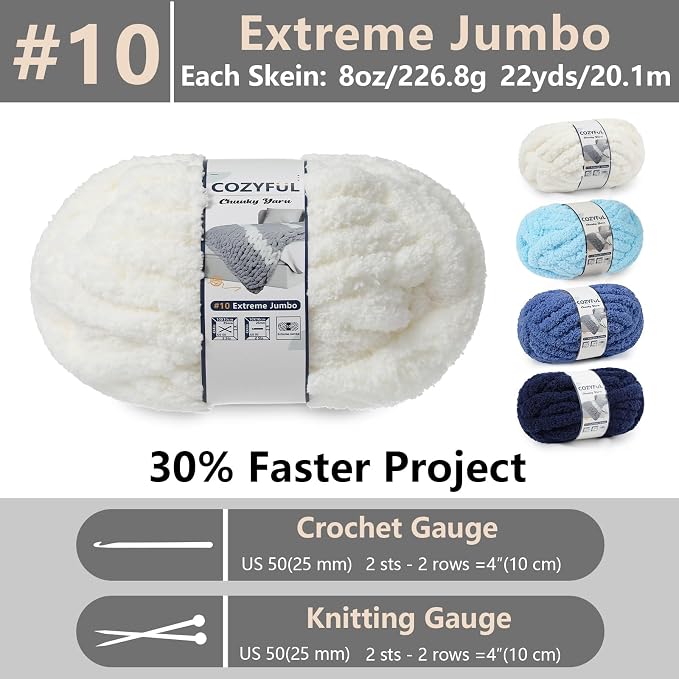 Cozyful Chunky Yarn for Hand Knitting - #10 Chunky Chenille Yarn, Jumbo Big Thick Chunky Yarns for Crocheting, Super Bulky Chunky Knit Blanket Yarns, 8 Skein (22yd, 8oz/Skein), Cream & Multi Blue