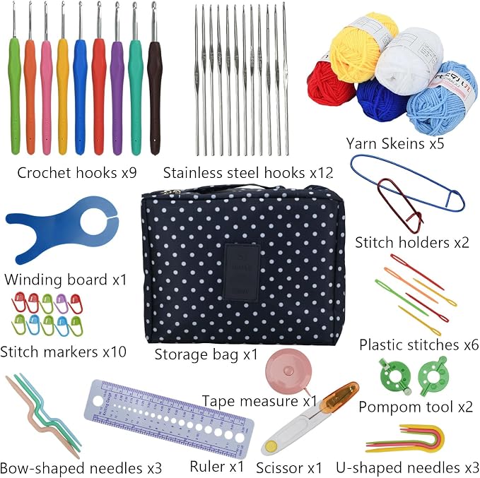 BJSSBJH Crochet Tools and Supplies Set, 57-Piece Crochet Hook Kit with Yarn and Accessories, Portable Craft Tool Kit for Adult Beginners and Experienced Crafters(B Style)