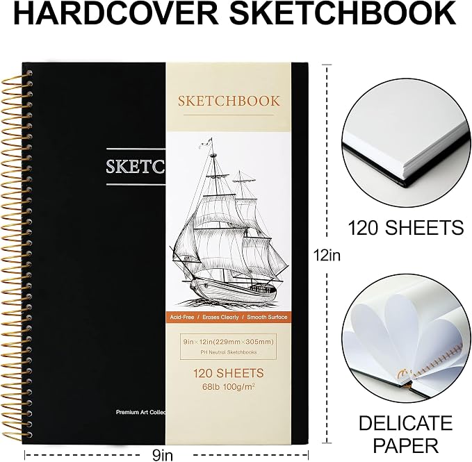 Yoment 9"x12" Hardcover Sketchbook for Drawing，120 Sheets，100GSM | Black,Spiral Bound Sketch Pad Premium Art Sketchbook Artistic Drawing Paper Pad for Kids Adults Beginners Artists