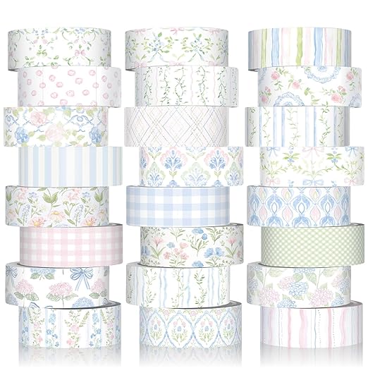 Gueevin 24 Rolls Floral Washi Tapes Set Scrapbook Supplies, Flower and Bows | 15 mm Watercolor Flower Washi Tapes, Back to School DIY Craft Arts, Junk Journaling Planner Gift Wrapping Supplies