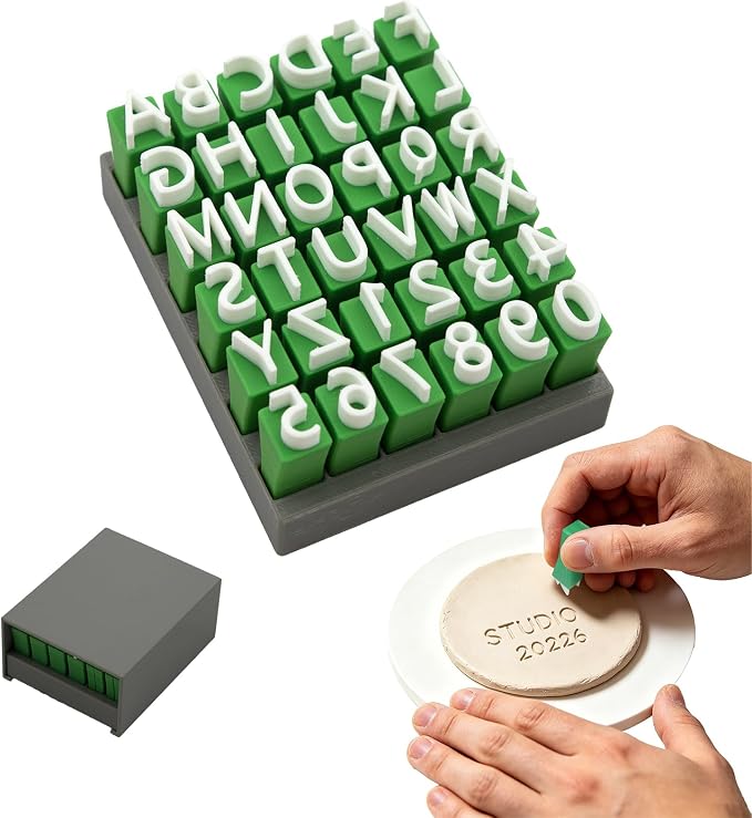 Green Alphabet Stamps for Clay – 36 Pcs (Uppercase Letters & Numbers 0-9 Set), Essential Clay Letter Stamps for Pottery, Ceramics, Concrete, DIY Craft Tools with Storage Box
