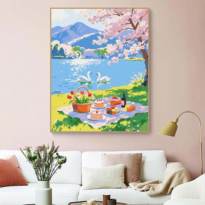 ZRIZQ Landscape Paint by Numbers Kit for Adults Beginner,Picnic,16x20 | Full set with rich paints,wooden brushes,rolled canvas.Calming activity.Beginner friendly.Just open and paint.