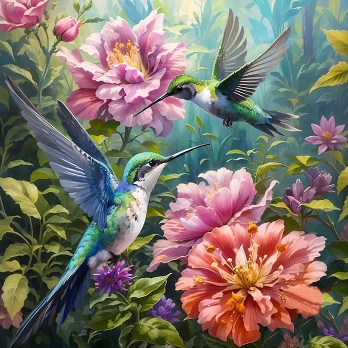 Paint by Numbers Kit for Adults, Hummingbird & Blooming Flowers, 16x16 Inch