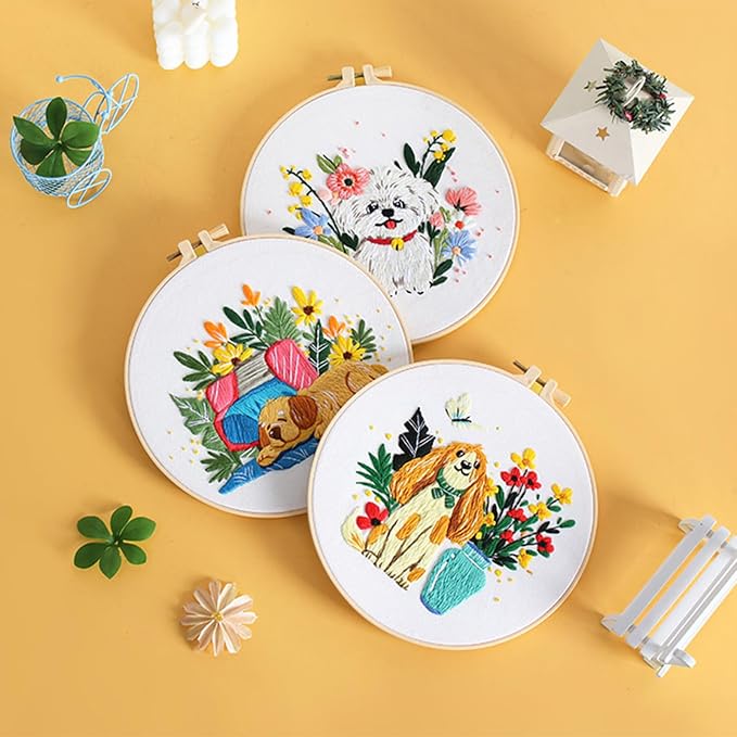 GLTAYLMY Cute Dogs Embroidery Kit for Beginners with Pattern and Instructions,3 Pack Cross Stitch Kits,1 Plastic Embroidery Hoops,Threads and Needles,Needlepoint Kit for Adults