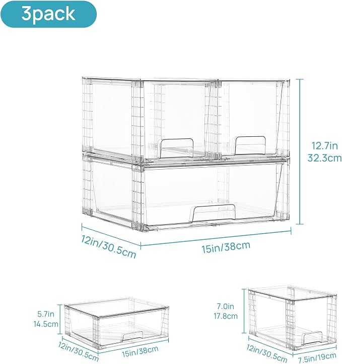Vtopmart Clear Stackable Storage Drawers, 3 Pack Wide Organizer Set