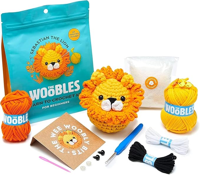 The Woobles Crochet Kit for Beginners (Sebastian the Lion) | As seen on Shark Tank, Kit includes: Easy Peasy Yarn, pre-started piece, hook, safety eyes, stuffing, video tutorials