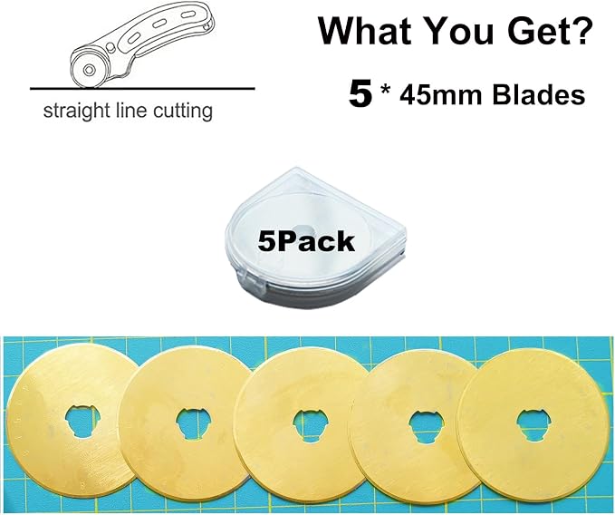 45mm Rotary Cutter Blades 5-Pack Titanium Replacement Blades Fits Fiskars, OLFA,Martelli,Dremel,Truecut,DAFA for Quilting Scrapbooking Sewing Arts & Crafts Sharp and Durable Cutter Blade