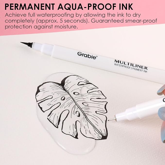 Grabie Micro Fineliner Pens, 10 Waterproof Black Drawing Pens | Waterproof Pigment Ink, Precision Drawing, Assorted Tip Sizes, Metal-Clad Nibs, Smooth Ink Flow