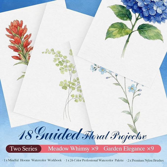 Watercolor Workbook for Beginners,18 Floral Water Coloring Book,Relaxing & Easy to Paint Water Coloring Book with 24 Colors-Perfect for Gifting to Creativity & Joy for Adults