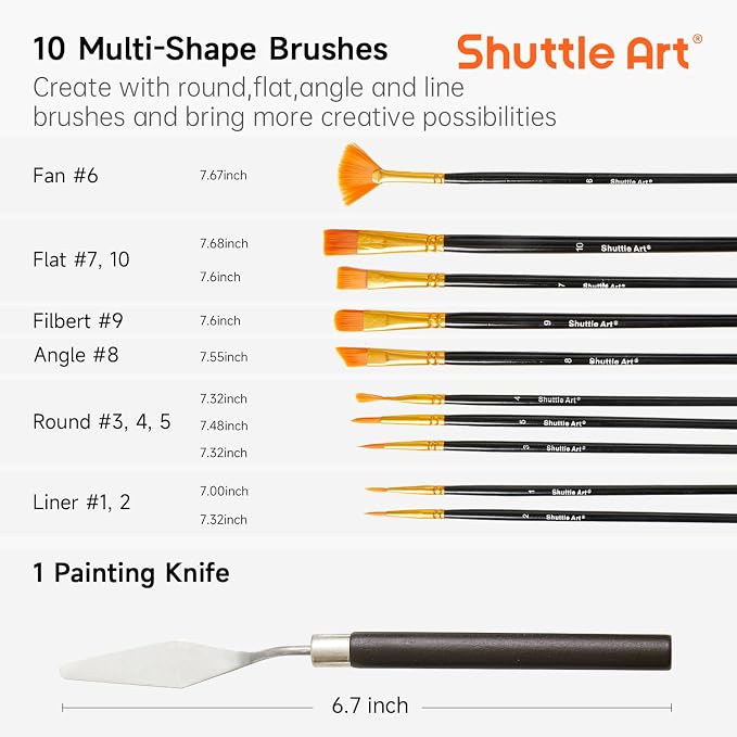 Shuttle Art 48 Pack Acrylic Paint Set, 30 Colors Acrylic Paint (36ml) with 10 Brushes 5 Canvas 1 Paint Knife 1 Palette 1 Art Sponge, Complete Set for Kids, Adults Painting on Canvas Rocks Wood Ceramic