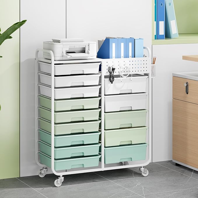 14 Drawer Rolling Storage Cart with Tabletop and Pegboard for Crafts Green | Easy Setup, Large Capacity, Sturdy Build, Smooth Mobility, For classroom, office and dorm supplies