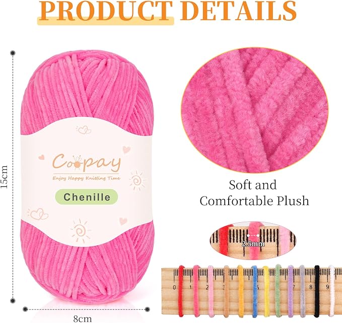 Coopay Skinny Chenille Yarn for Crocheting & Knitting, Pink Gradient | Crochet Yarn Set - 600g Total, Velvet Yarn for Colorful Crafts, Blankets, Plush Dolls, Decorative Handmade Works