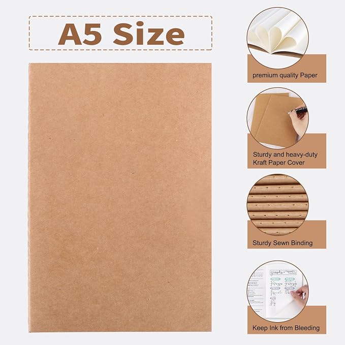 EOOUT 48pcs Blank Kraft Notebooks, Bulk Journals for Kids, 60 Pages/80GSM, 8.3 X 5.5 Inch, Travel Journal Set, for Travelers, Students and Office Supplies