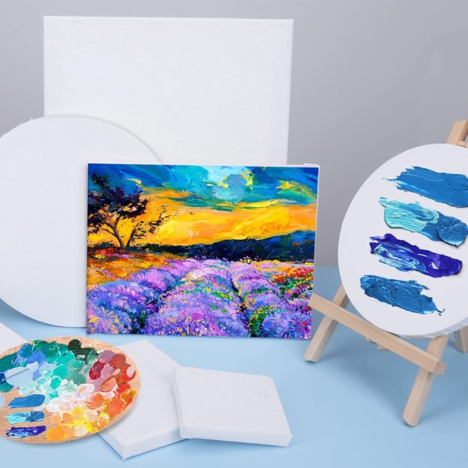 14 Packs Stretched Canvases for Painting, Multi Pack 11x14, 9.44x12, 8x10, 5x7, 4x4, Round Canvas with 8x8,10x10(2 of Each), Blank Primed Canvas, for Oil Paint, Acrylic Paint, for Beginners, Artists.