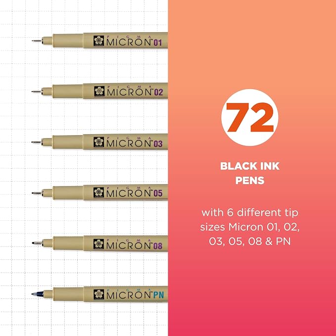 SAKURA Pigma Micron Black Ink Multi-tip Set, 72 Pen Count | Archival Black Ink Pens for Writing, Illustration & Journaling, Great for Artists, Crafters & DIY Gift Projects