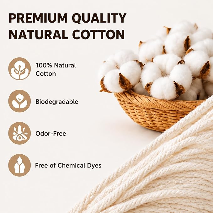 Natural Cotton Macrame Rope - 3mm x 109Yards (328Feet), 4 Strands Twisted Cotton Cord for Wall Hanging, Plant Hangers, Crafts, Gift Wrapping and Wedding Decorations, Beige
