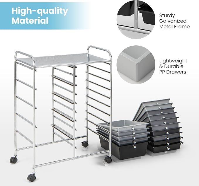 Giantex 15 Drawers Rolling Cart, Classroom Organizers, Storage Cart with Wheels, for Teacher Office Home School Supplies Tool Craft Art Paper