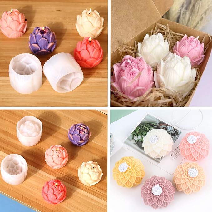 2PCS Lotus Sphere Candle Molds with Mold Punch Needle Large-Eye Wicking Needle for Candle Making Lotus Flower Ball Mold for Decoration Scented Candle DIY Clay Craft Soap Flower Specimen