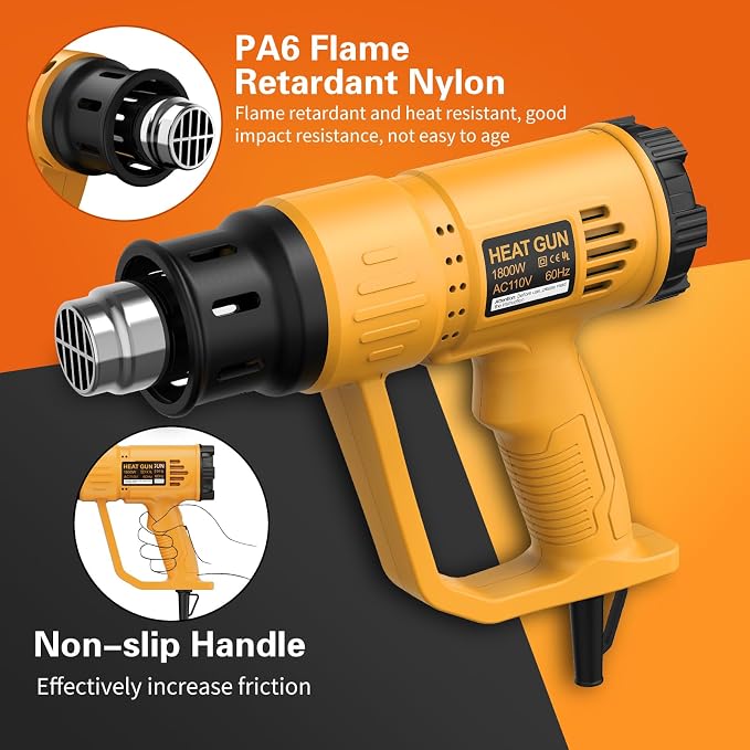 Heat Gun, TGK® 1800W Heavy Duty Hot Air Gun Kit 662℉ & 1112℉ Dual Temperature Settings with 4 Nozzle Attachments Overload Protection for Crafts, Shrink Wrapping/Tubing, Paint Removing, Epoxy Resin
