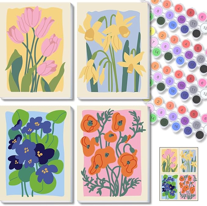 TONGZONGFU 4 Pack Framed Easy Paint by Numbers Kit for Adults Beginner,Easy Paint by Numbers Kit for Flower Small Paint by Number Kit for Kids Frame on Canvas for Home Decor 8x12 Inch