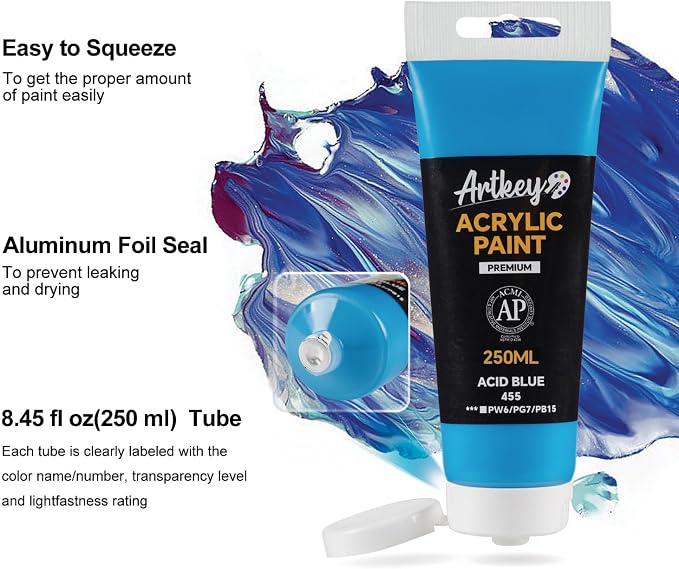 Artkey Acrylic Paint - Acid Blue (250 ml/8.45 oz) Tubes, Rich & Vibrant Pigments, Professional Artists Acrylic Paints - Art Supplies for Canvas Wood Rock Clay Fabric Ceramics Art Crafts Painting