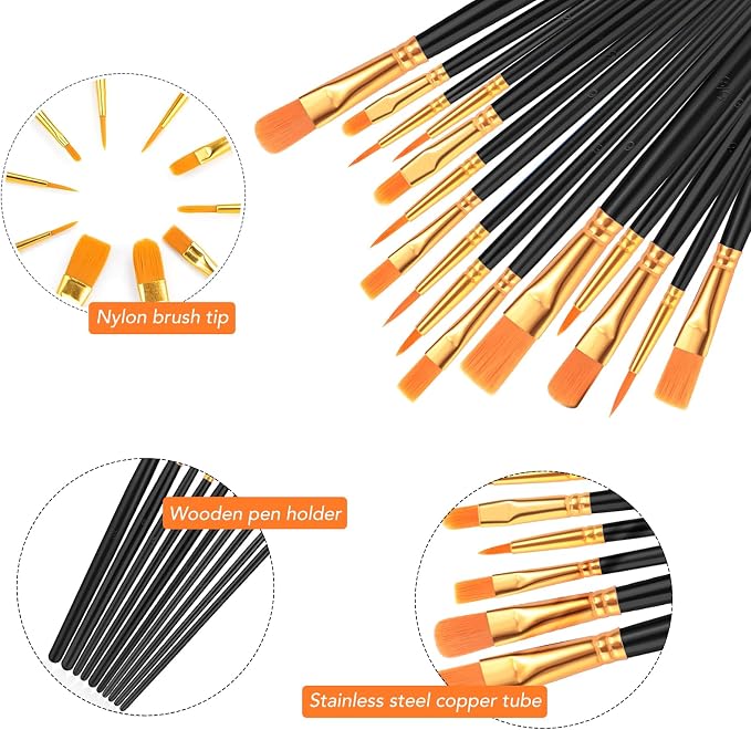 AROIC Acrylic Paint Brushes, 6 Packs / 60 pcs Nylon Hair Paint Brush Set | All Purpose Oil Watercolor Painting Artist Professional Kits (Black)