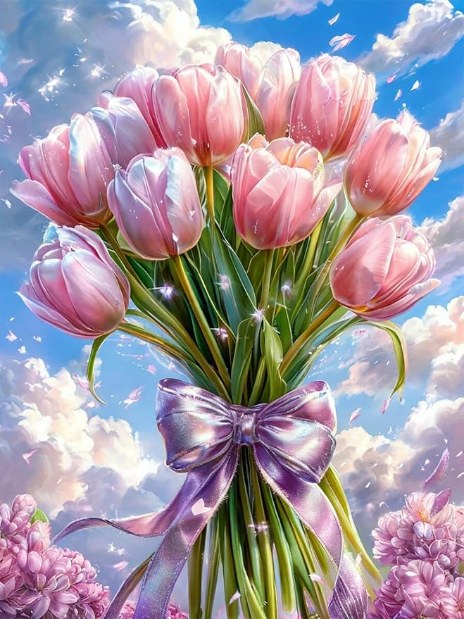 Accompany Wind Pink Tulips Diamond Art Kits for Adults, 5D Flowers Diamond Painting Kits for Beginners,DIY Round Full Drill Diamonds Gem Art Crafts for Home Wall Decor Gifts 12x16 Inch