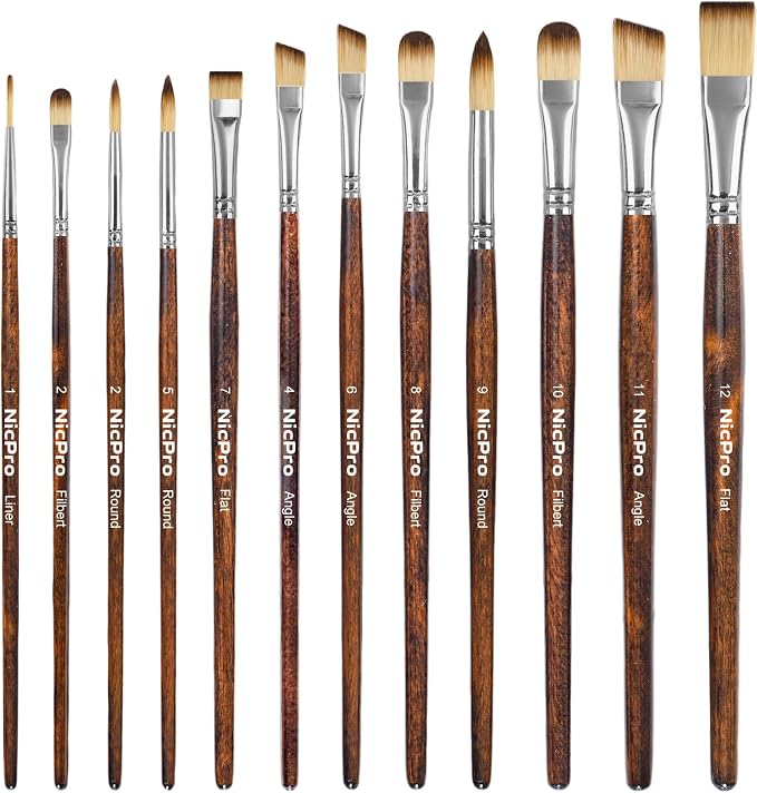 Nicpro 12PCS Artist Paint Brush Set, Paint Brushes for Acrylic Painting | Craft Paintbrushes for Oil Watercolor Gouache, Tempera, Face Body, Fabric, Model, Art Supplies for Artists Beginners (Wood)