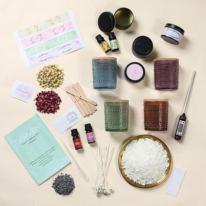 DARJEN Candle Making Kit for Adult, 4 Jars & 4 Tins Soy Wax Scented DIY Set | 100% Soy Wax, 10oz Glass Jars, 4oz Tins, Cotton Wicks, Pleasant Scents, Instruction& More- Perfect as Home Decorations