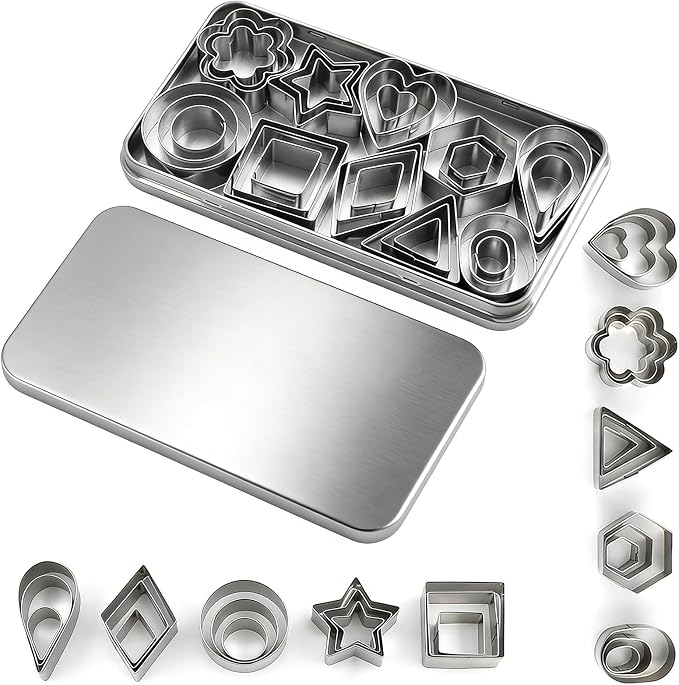 shuielia 30Pcs Mini Geometric Cookie Cutter Set with Box - Stainless Steel Small Cutters for Biscuit, Fruit, Veggie, Polymer Clay & Fondant Baking Tools