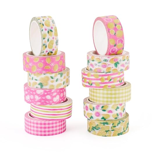 12 Rolls Lemon Washi Scrapbook Tape 15mm Pink Yellow Decorative Bible Tape Set Pack Aesthetic Colored Tapes Rolls Stickers for Crafts DIY Scrapbook Study Journaling Planner Supplies