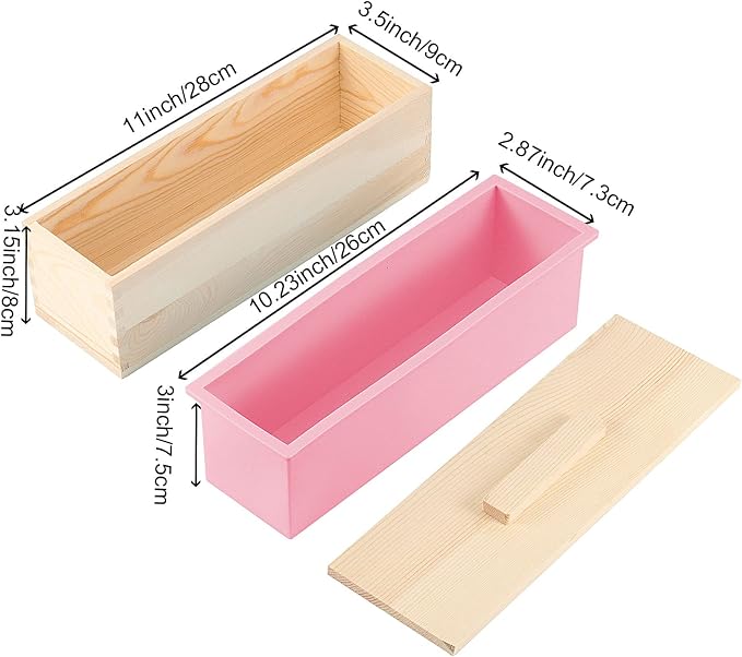 ZOENHOU 4 PCS 42 oz Pink Soap Molds with 4 Wooden Lids, Flexible Rectangular Silicone Soap Making Molds Kit with Wood Box DIY Tool Set for Soap Making Supplies