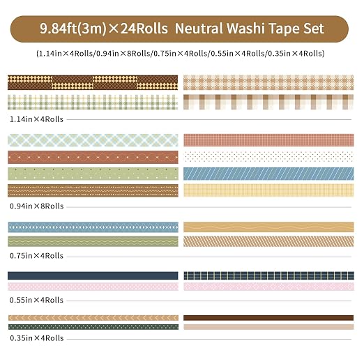 Neutral Washi Tape Set 24 Rolls,Decorative Masking Tape for Junk Journal, Scrapbooking Supplies, DIY Crafting Supplies