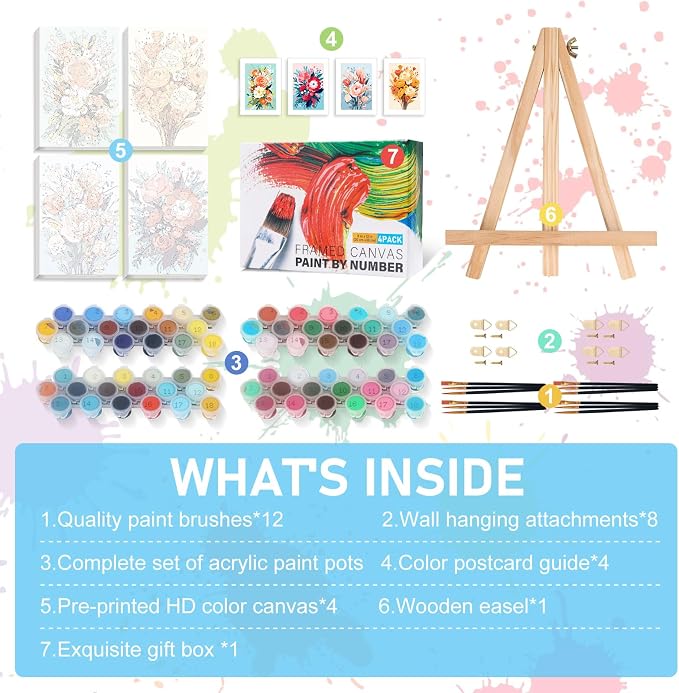 4 Pack Framed Paint by Numbers Kit for Adults with Wooden Easel, 8x12 Inch | Easy Flowers, DIY Acrylic Canvas Craft Kit with Frame for Beginners, Home Decor, Stress Relief Relaxing Hobby Gift