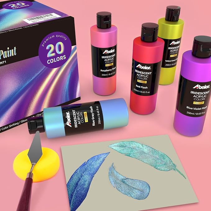 ABEIER Iridescent Acrylic Paint Set, 20 Chameleon Colors 8.45oz Non-Toxic | Non-toxic, ASTM D-4236 EN71, 8.45oz bulk, Color-shifting blendable, For rocks canvas wood fabric ceramic
