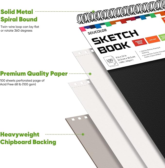 Soucolor 2-Pack 9" x 12" Sketch Book, Spiral Bound for Kids Adults Artists | 200 Sheets 68lb/100gsm Paper Professional Drawing Supplies for Sketch, Charcoal, Colored, Graphite, Pastel Pencils & Sticks