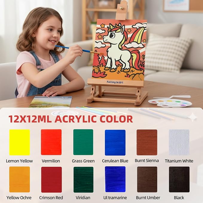 Falling in Art 52 Pcs Acrylic Paint Set with Table Easel, Red | Art Painting Kit with Paints, Canvas Panels, Paintbrushes, Canvas Supplies Kit for Kids, Adults, Beginners, and Artists