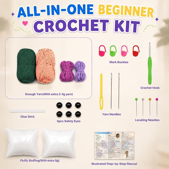 JYZJDKE Crochet Kit for Beginners Adults - DIY Amigurumi Elephant Knitting Starter Kit with Yarn Sets, Crochet Animal Kit Cute Stuffed Animal Craft Birthday Gifts (Dark Green+Flesh Pink Elephant)