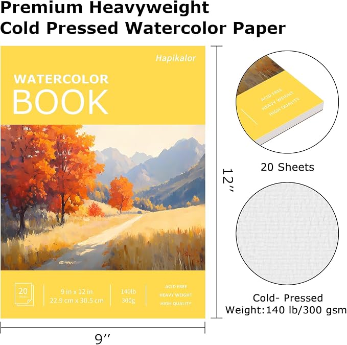 Hapikalor 9"x12" Watercolor Paper, 140lb/300gsm Water Color Paper, Yellow | Artist Painting Drawing Paper Book, Art Supplies for Adults Kids, Watercolors, Watercolor Paint Set, Sketchbook, Journal
