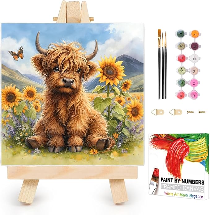 AUKELHJ Framed Paint by Numbers Kit for Adults, Highland Cow, 10x10 inch
