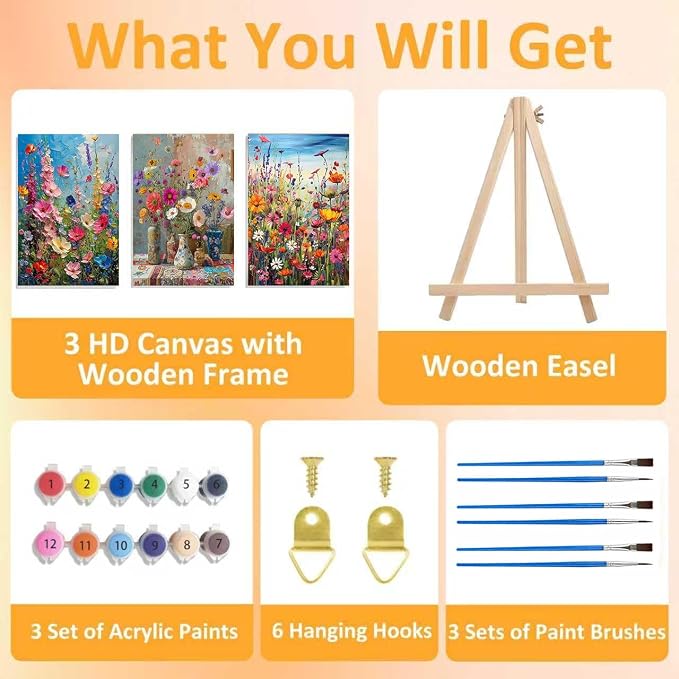 3 Pack Floral Framed Paint by Numbers for Adult with Wooden Easel 8x12 inch | Wildflowers Paint by Number on Canvas Oil Painting Kit with Brushes, Easy Adults' Paint-by-Number Kits for Home Wall Decor
