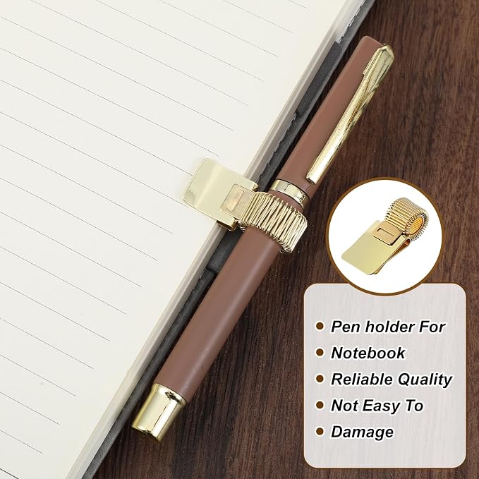 Grevosea 5Pcs Metal Pen Clip Holder, Portable Pen Holder Clips Adjustable Spring Loop Organizer for Notebook Clipboard Gold Tone