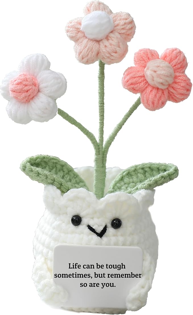 Mental Health Crochet Flower Pot, Positive Stress Relief Desk Decor with Card “Life Can Be Tough But So are You”, Handmade Emotional Support Gift
