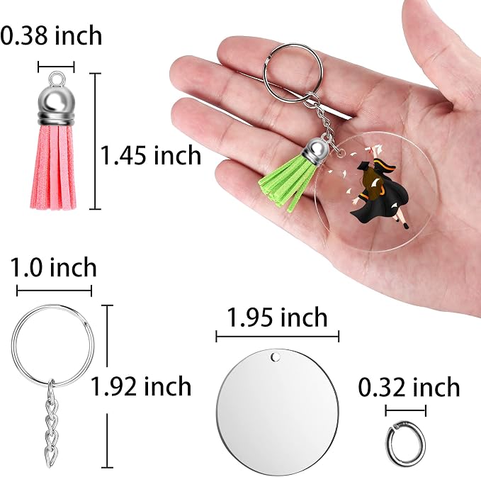 120 pcs Acrylic Keychain Blank Silver Kit | Silver Tassels, Rings & Jump Rings for Craft, DIY Jewelry Making