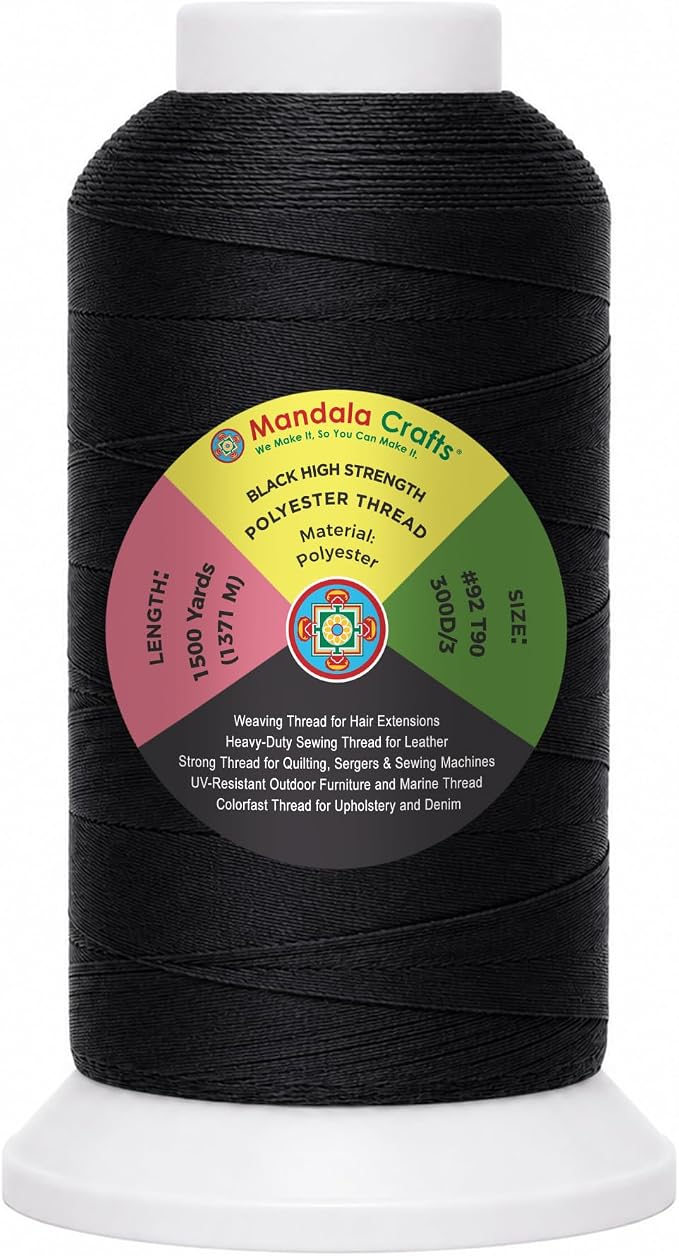Mandala Crafts Black Tex 90 Polyester Heavy Duty Thread for Upholstery | 1500 Yds T90 UV Resistant Strong Thread for Leather Sewing, Marine, Drapery, Jeans, Hair Weaving & Extension, Outdoor