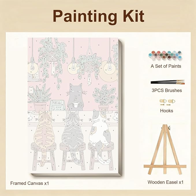 Gemozaic Framed Paint by Numbers Kit for Adults, Funny Cats Shop, 8x12 in | Cat Paint by Number for Adults Beginner with Frame & Easel, Easy DIY Acrylic Painting by Numbers for Home Wall Decor, Gift