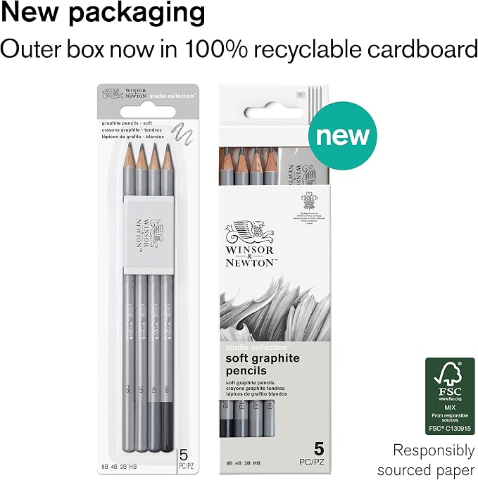 Winsor & Newton Studio Collection, Graphite Pencils, Set of 5 | Soft, Thick Core pencils, Varied Hardness, Soft Smooth Texture, Easy Blending, Stylish Metal Tin Included, High Quality Lead