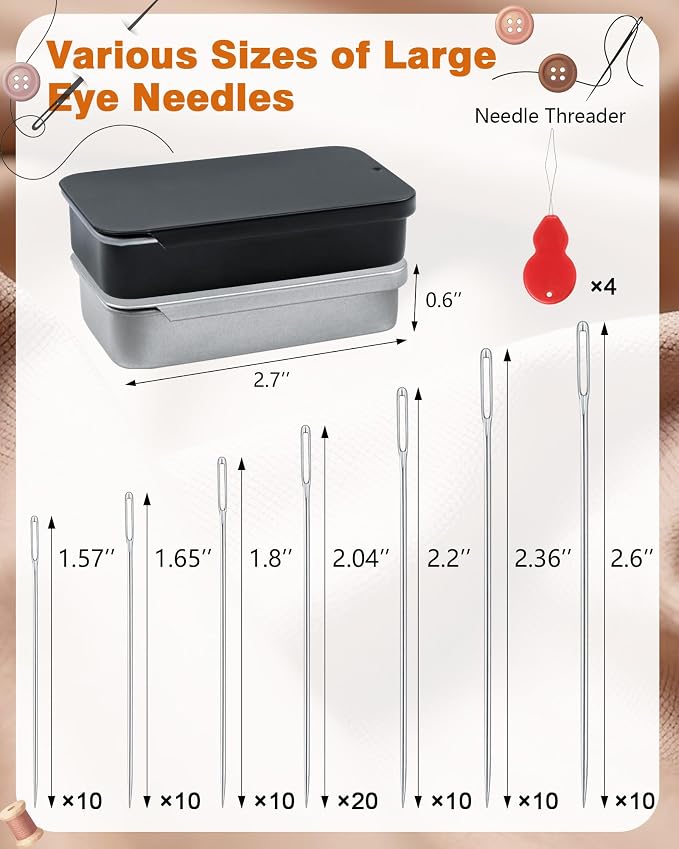 FIVEIZERO 80 PCS Large Eye Sewing Needles, Two 7 Sizes Sewing Sharp Needles, Leather Needle Embroidery Thread Needle, Stainless Steel Yarn Knitting Needles with Threaders for Handsewing Art Crafts