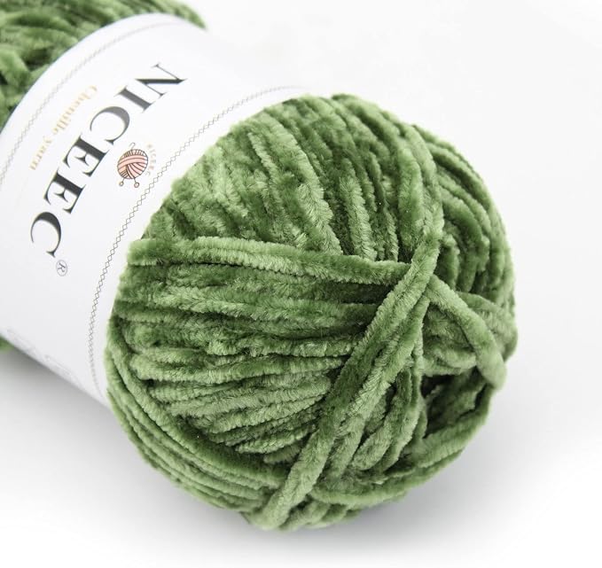 NICEEC 3 Skeins Soft Chenille Yarn 3 x85m (3X 93yds, 3X 50g)_Army Green