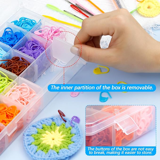 FIVEIZERO 900 Pieces Stitch Markers,with 15Pcs Large Eye Blunt Sewing Needles,Colorful Crochet Markers for Knitting Stitch Locking Clips Crochet Pins with Storage Box
